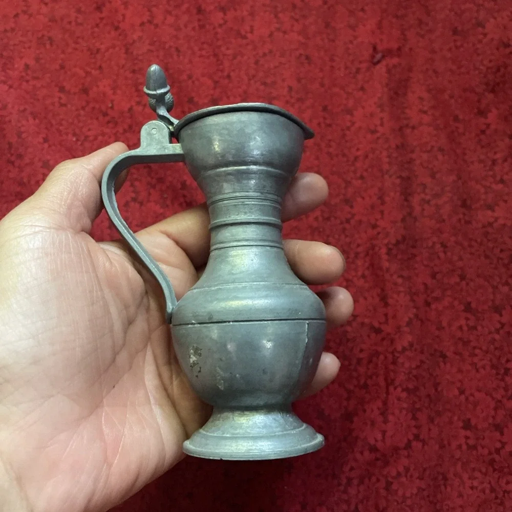 Vintage German Pewter Pitcher With Lid Stamped On The Bottom Stands 5 Inches‎